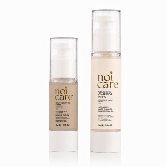 Frascos do Sérum Hidratante Íntimo 30 g e do Gel Creme Clareador Íntimo 50 g no Duo Cuidado Intensivo Noi Care