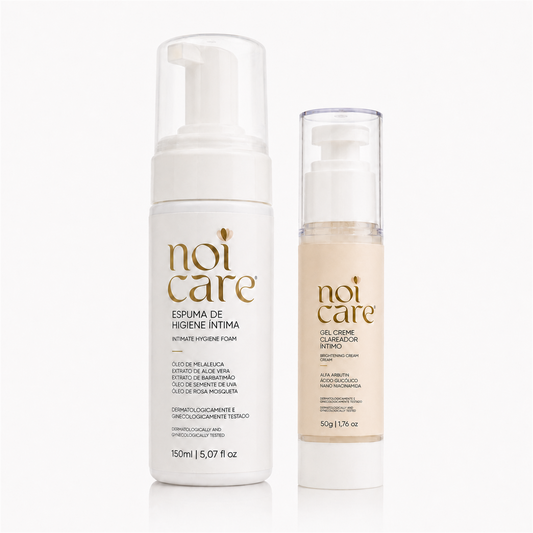 Frascos da Espuma de Higiene Íntima 150 ml e do Gel Creme Clareador Íntimo 50 g no Duo Renovação Noi Care